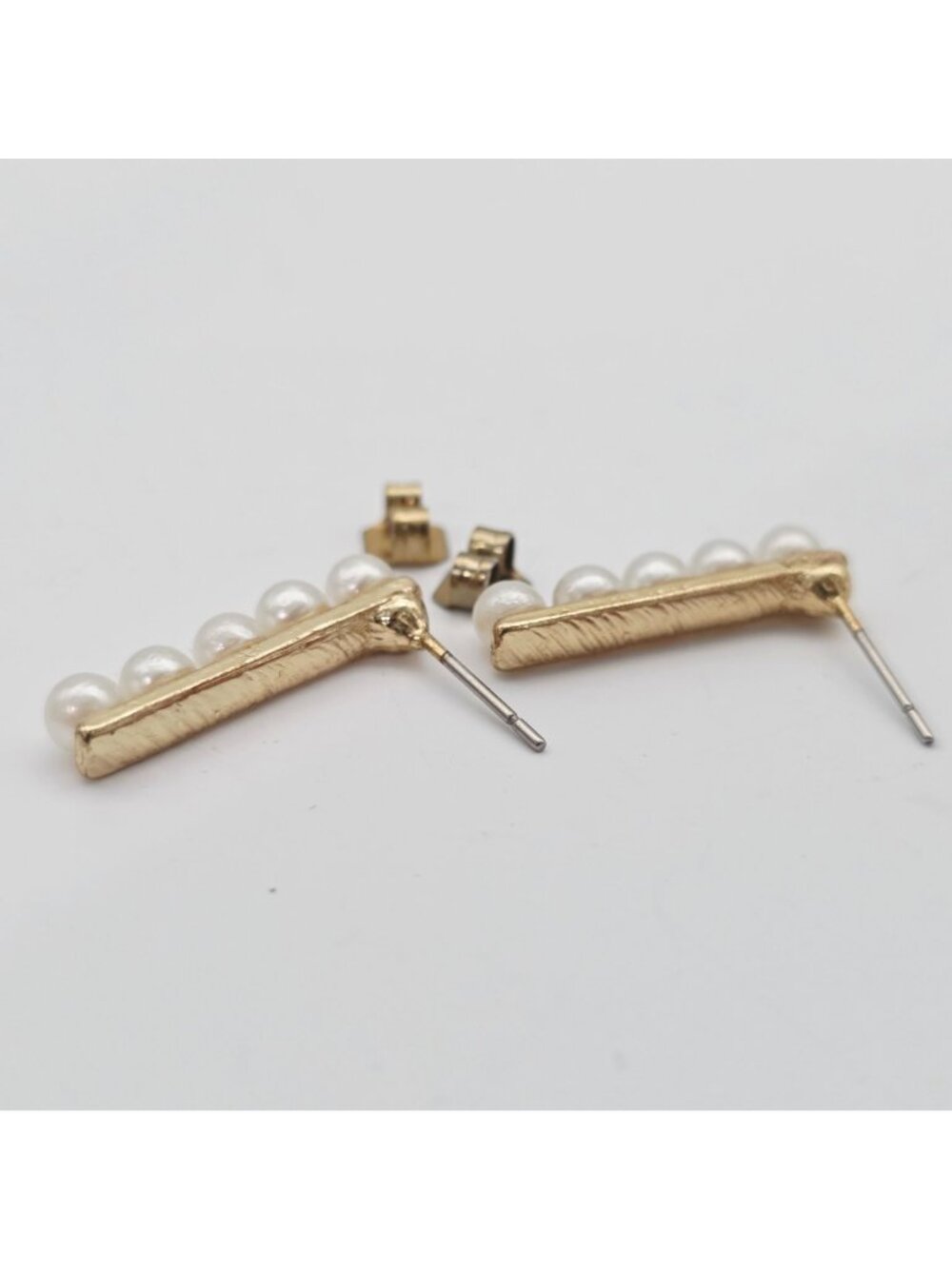 Gold-Tone Bar Earrings With Faux Pearl Accents Post Back Closure - Picture 4 of 5